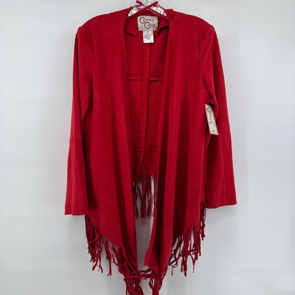 Cripple Creek Red Faux Suede Fringe Open Front Jacket Womens Medium Western Boho